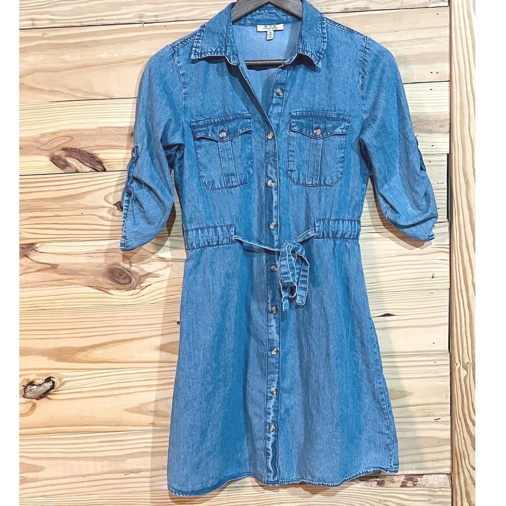 MPH Collection Blue‎ Denim Shirt Dress Button Front Roll Tab Sleeve Small